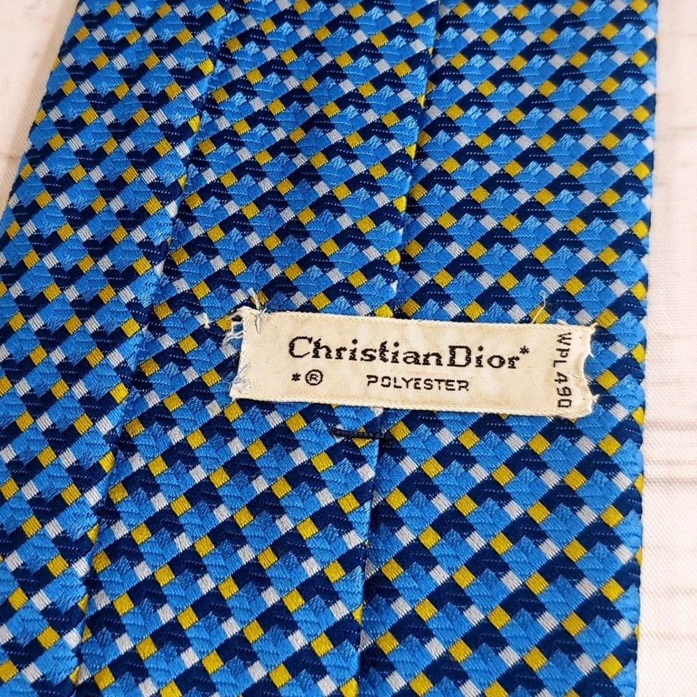 Christian Dior Mens Tie Vintage‎ Geometric Pattern Necktie Blue Yellow